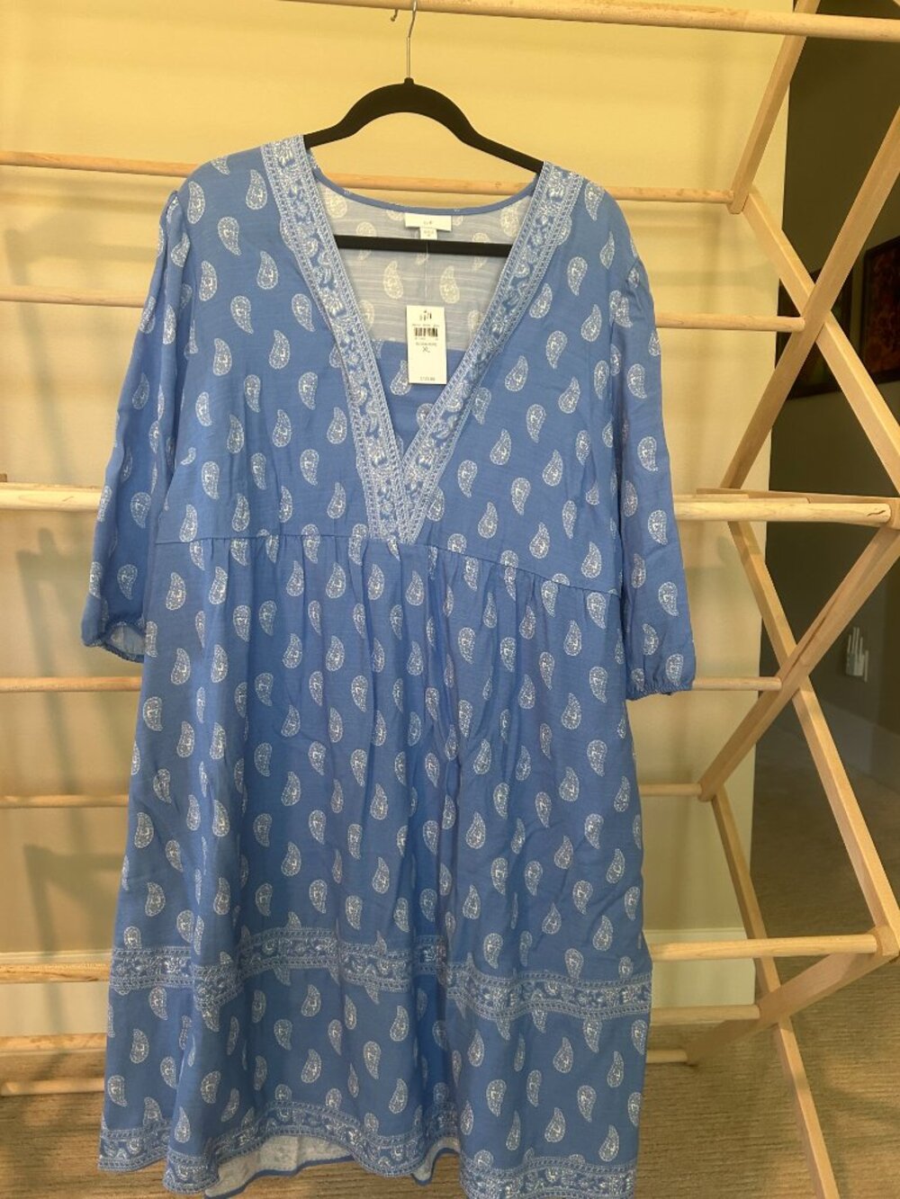 NWT J. Jill Blue White Paisley Embroidered V-Neck Babydoll Dress XL